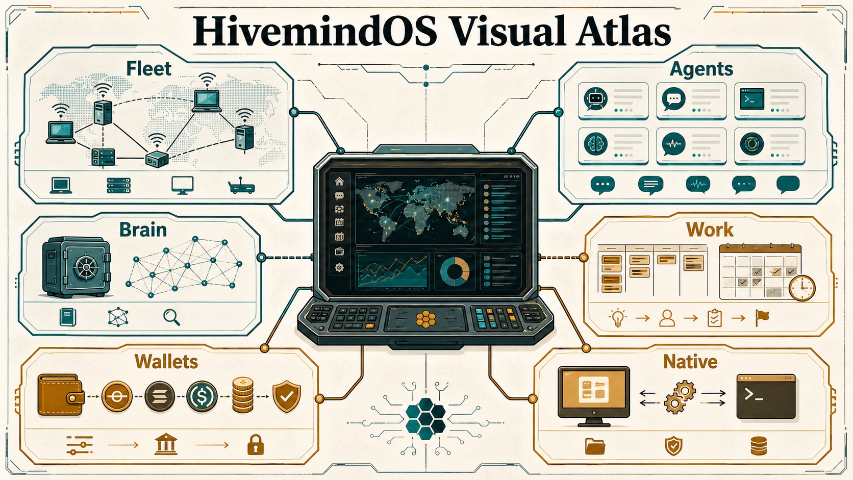 Generated HivemindOS visual atlas infographic showing Fleet, Agents, Brain, Work, Wallets, and Native around the dashboard.