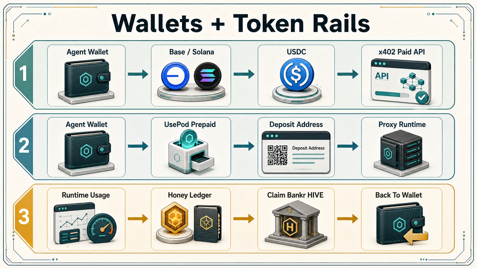 Generated wallet and token rails infographic with a UsePod prepaid lane from Agent Wallet to UsePod Prepaid, Deposit Address, and Proxy Runtime.
