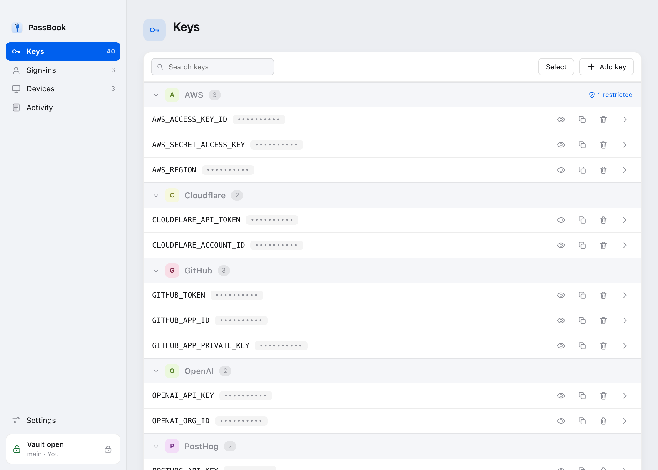 The Keys screen, grouped by vendor, with every value hidden until you reveal it