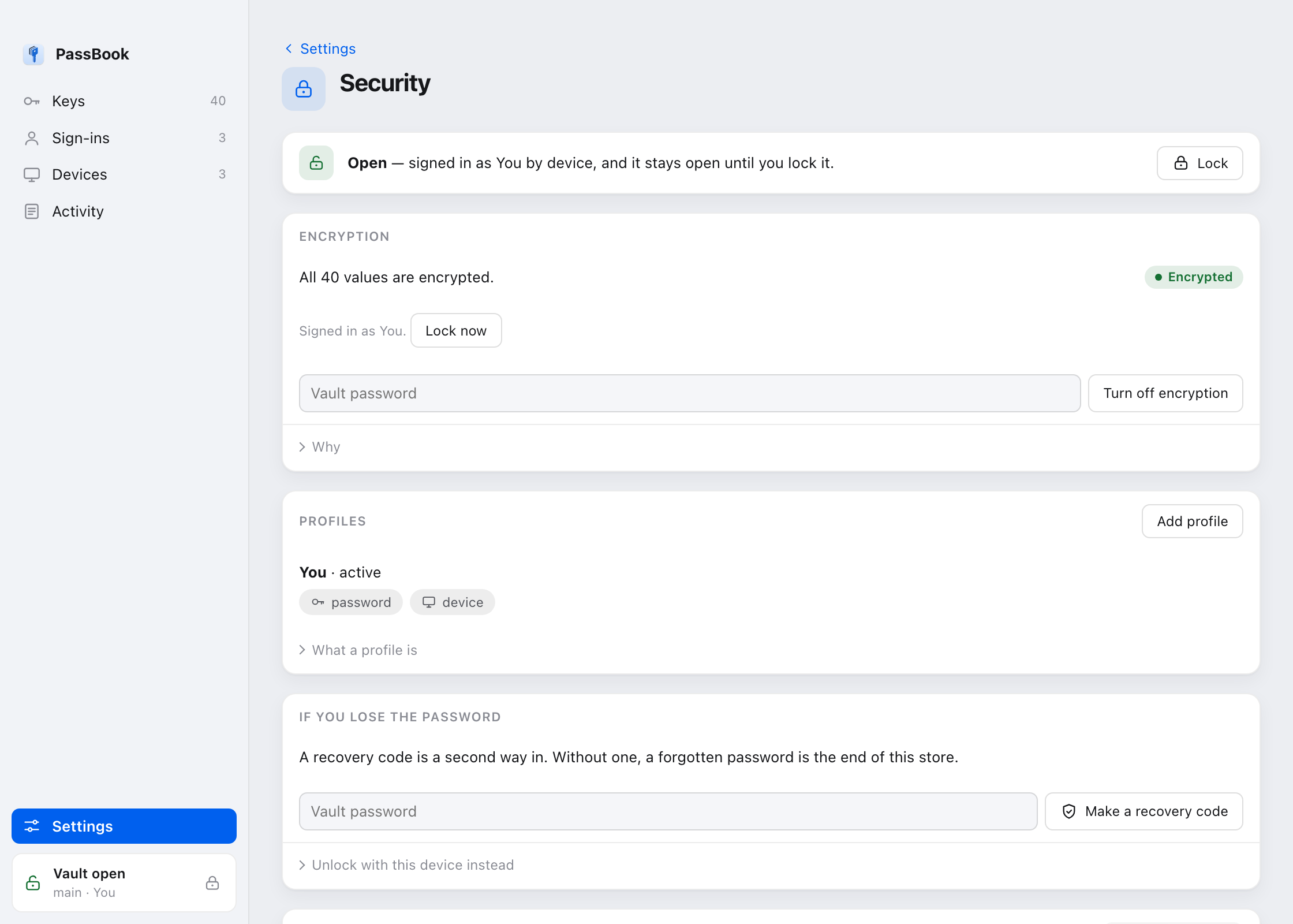 The security screen showing what is sealed, which profiles exist, and how to get back in
