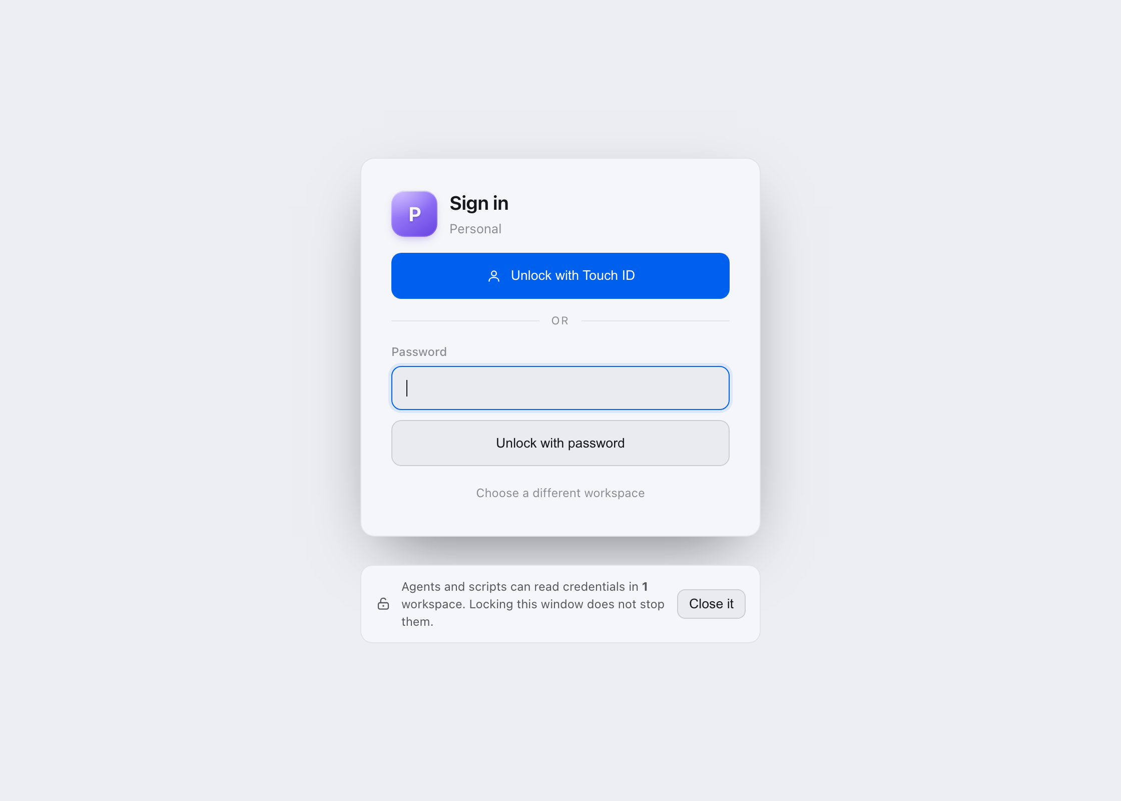 The sign-in screen offering a password, a passkey, or Touch ID